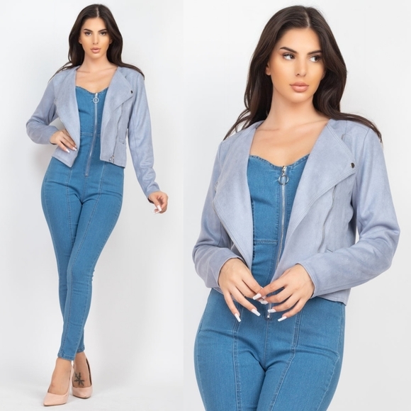 Cropped Moto Suede Jacket - Dust Blue - Picture 1 of 8